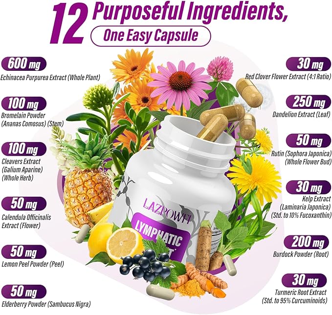 Lymphatic Drainage Supplements, Lymph System Support Supplement for Women & Men with Dandelion, Burdock, Echinacea,Rutin, Turmeric,Cleavers & More,180 Capsules
