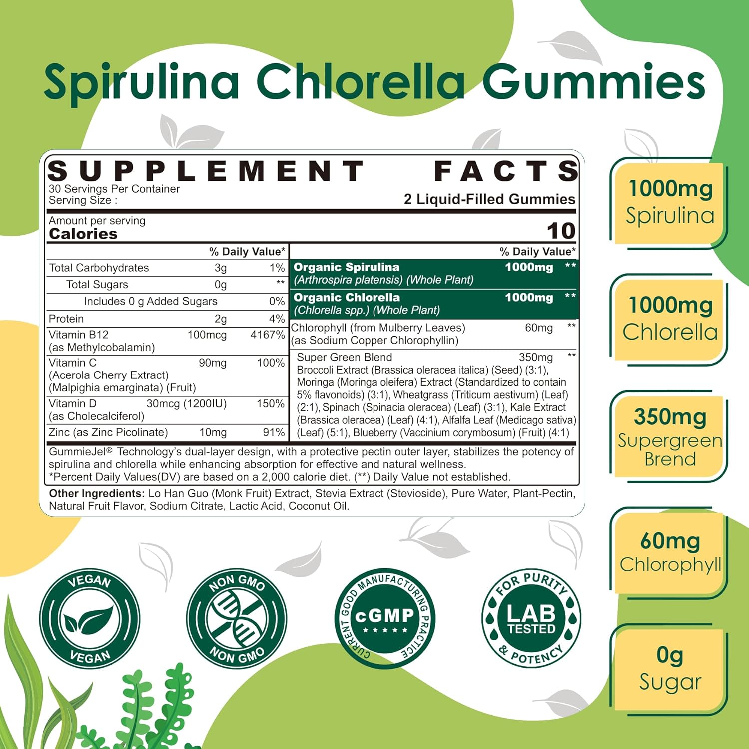 Organic Spirulina Chlorella Gummies, Nutrient-Dense Superfood Rich in Vegan Protein, Super Greens & Chlorophyll + Vitamin C & D3, Zinc, B12 for Natural Energy, Powerful Antioxidants, Sugar Free,60 Cts
