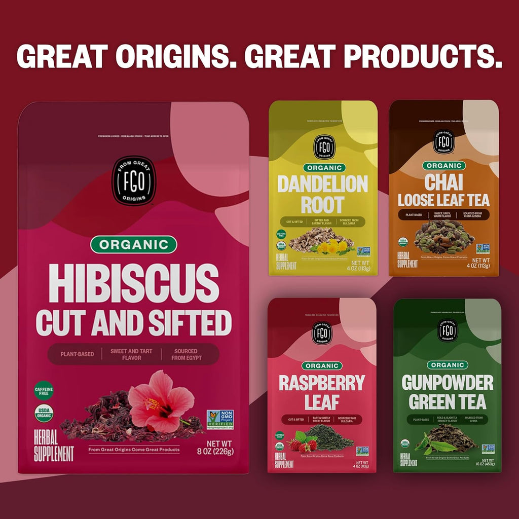 FGO Organic Hibiscus Flowers, Cut and Sifted, Loose Tea, 8oz Resealable Bag, Packaging May Vary (Pack of 1)