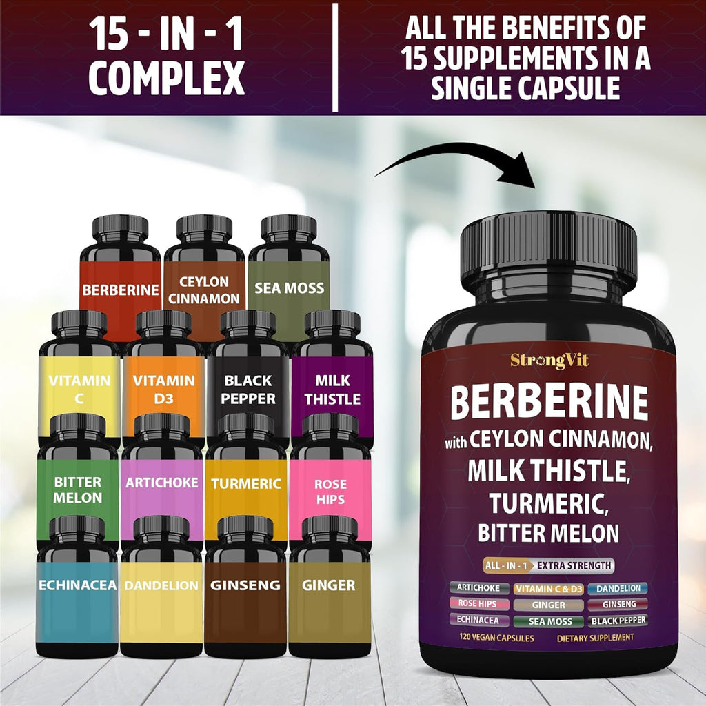 Berberine with Ceylon Cinnamon Supplement, Milk Thistle, Turmeric, Bitter Melon for Digestion, Immunity. Organic Complex for Men & Women, Non-GMO, Gluten-Free, Vegan, USA (120 Capsules)
