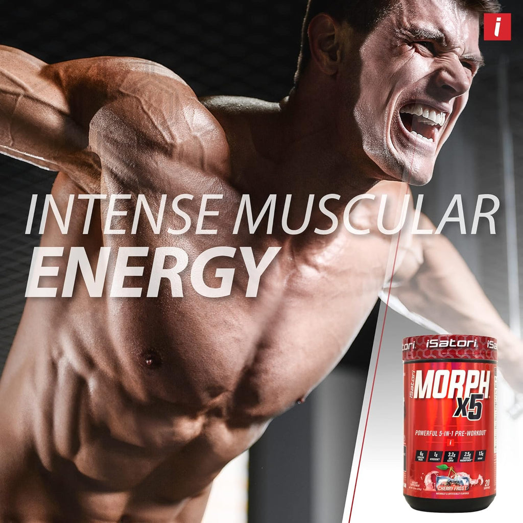 iSatori Morph X5 Intense Pre Workout with Beta Alanine, Creatine Magnapower, Citrulline Malate- Nitric Oxide Flow & Pump Supplement for Energy, Endurance and Strength, Cherry Frost (20 Servings)