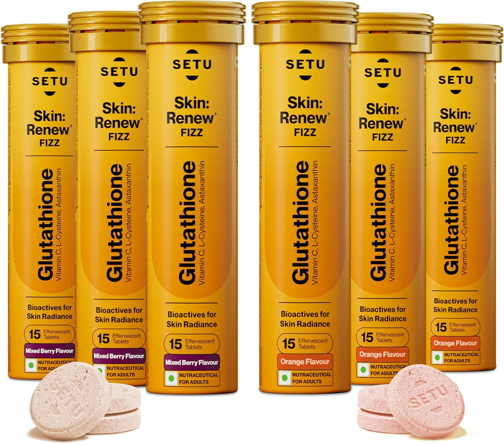 SETU Glutathione Effervescent Tablets with 500mg L-Glutathione & Vitamin C | Sugar-Free Antioxidant Supplement | Mixed Berry & Orange (Pack of 6) | 90 Tablets