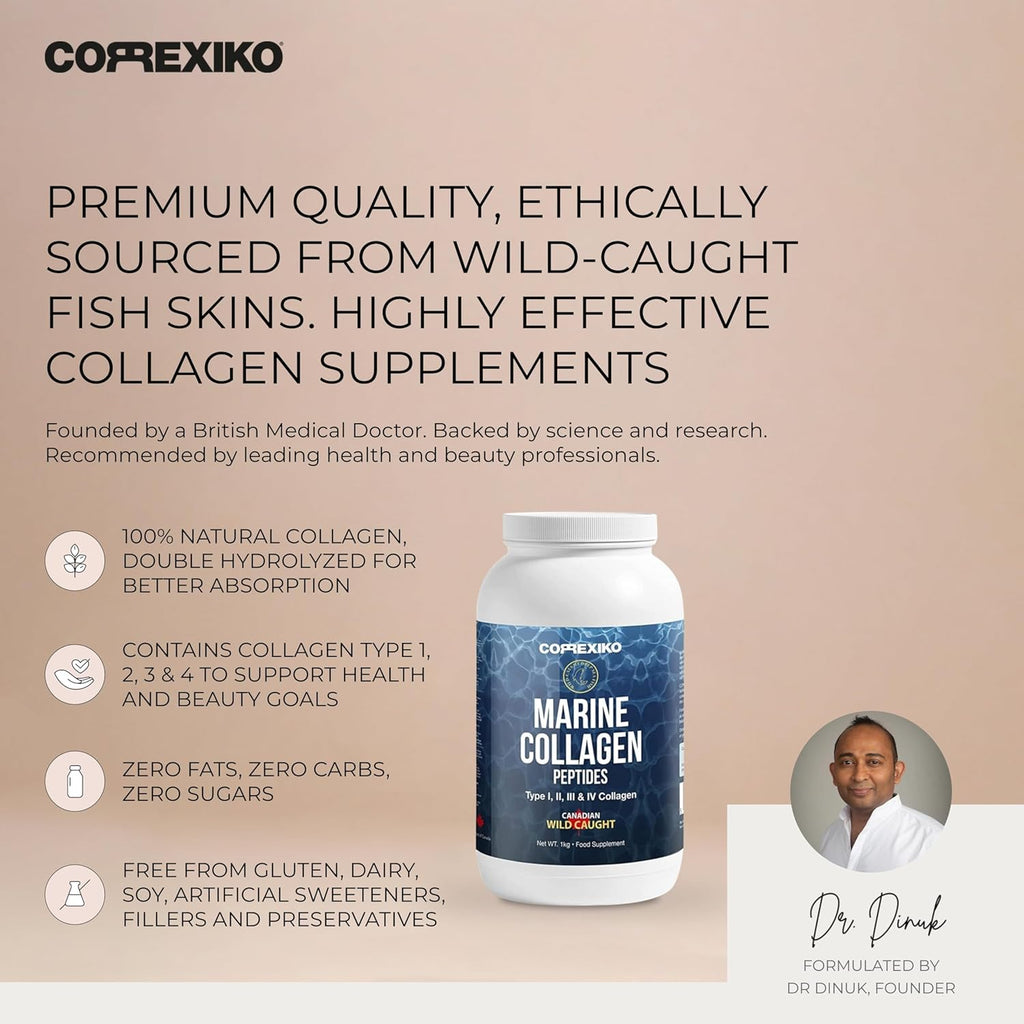 Hydrolyzed Marine Collagen Peptides Powder. Canadian Wild-Caught Fish Skin(Not Scales)-Colageno Hidrolizado en Polvo-Vital Protein Supplement for Skin, Hair, Joints and Digestion, Marine Powder (1kg)