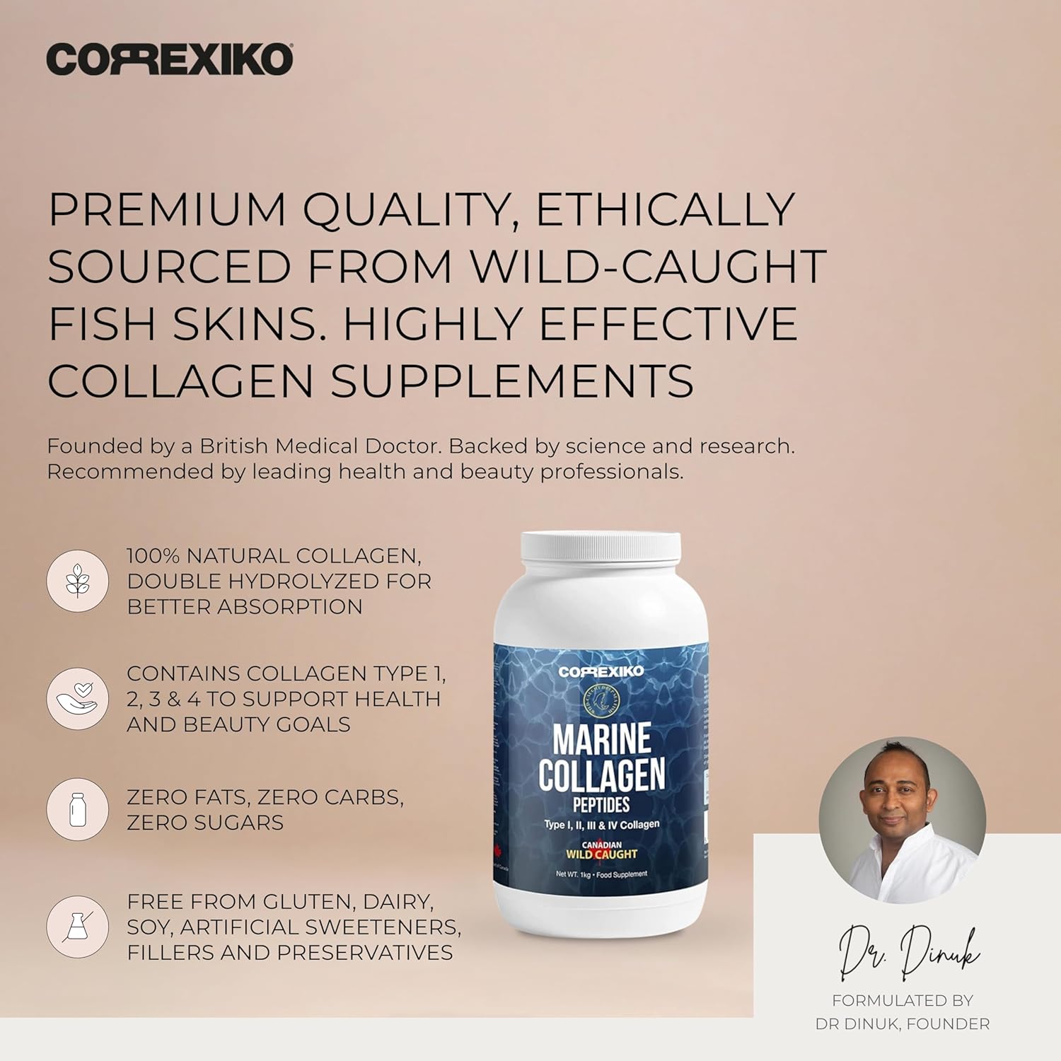 Hydrolyzed Marine Collagen Peptides Powder. Canadian Wild-Caught Fish Skin(Not Scales)-Colageno Hidrolizado en Polvo-Vital Protein Supplement for Skin, Hair, Joints and Digestion, Marine Powder (1kg)
