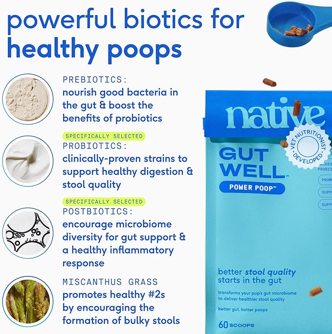 GutWell Power Poop - Digestive Enzymes & Fiber for Dogs - Dog Fiber Supplements Help with Diarrhea Relief, Upset Stomach, Pet Gas & Gut Health with Targeted Triple-Biotic Blend & M-Fiber - 60 Scoops
