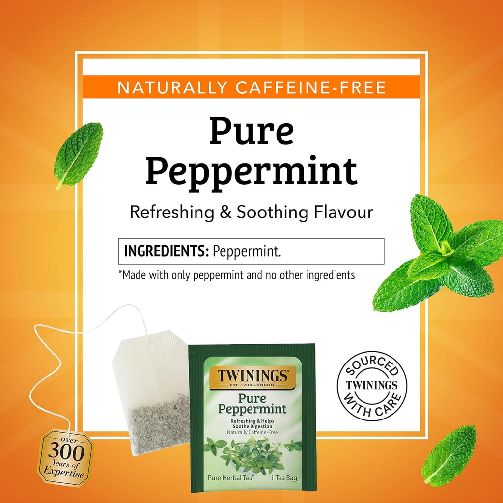 Twinings Pure Peppermint Herbal Tea Individually Wrapped Bags, 20 Count (Pack of 1), Fresh Minty Flavour, Naturally Caffeine-Free, Enjoy Hot or Iced, 20 Teabags
