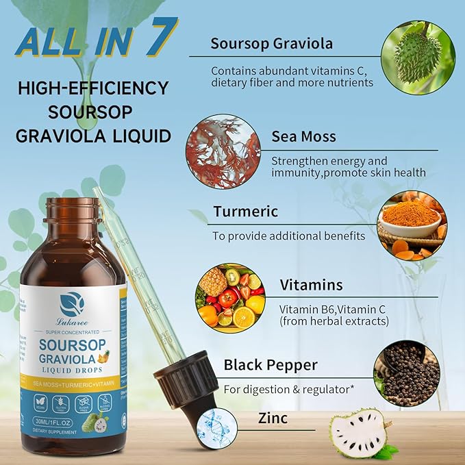 (2 Pack) Soursop Graviola Leaf Extract Liquid Drop Plus Pure Botanical Sea Moss for Cell Support & Regeneration, Immunity and Gut Health, Soursop Bitters Liquid丨Full Texture,Pineapple Flavor,1 Fl Oz