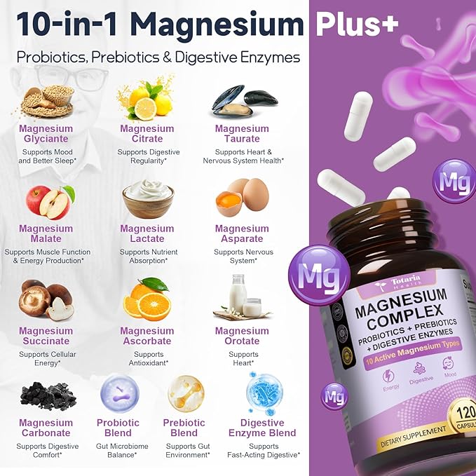 10-in-1 Magnesium Complex Supplement with Probiotics Prebiotics & Digestive Enzymes, 100 Billion CFU Probiotics for Women, Daily Probiotic for Immune, Sleep Calm, Gut & Digestive Health, Vegan Non-GMO