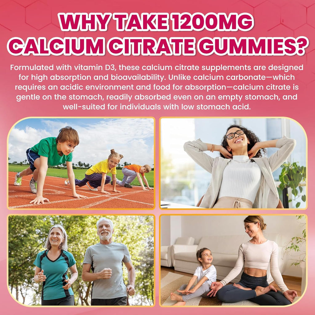 Calcium Citrate Gummies - 1200mg Calcium Gummies Supplements for Women & Men with Vitamin D3, K2, Magnesium, Zinc High Absorption for Bone, Muscle & Immune Support, Raspberry Flavor, 120 Count