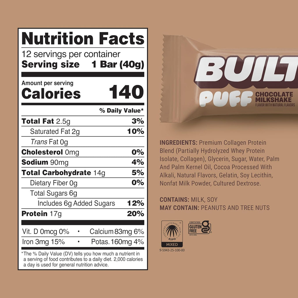 Built Bar Puff Protein Bars, Chocolate Milkshake, Collagen, On-the-go Snacks, Gluten Free, 12 Pack