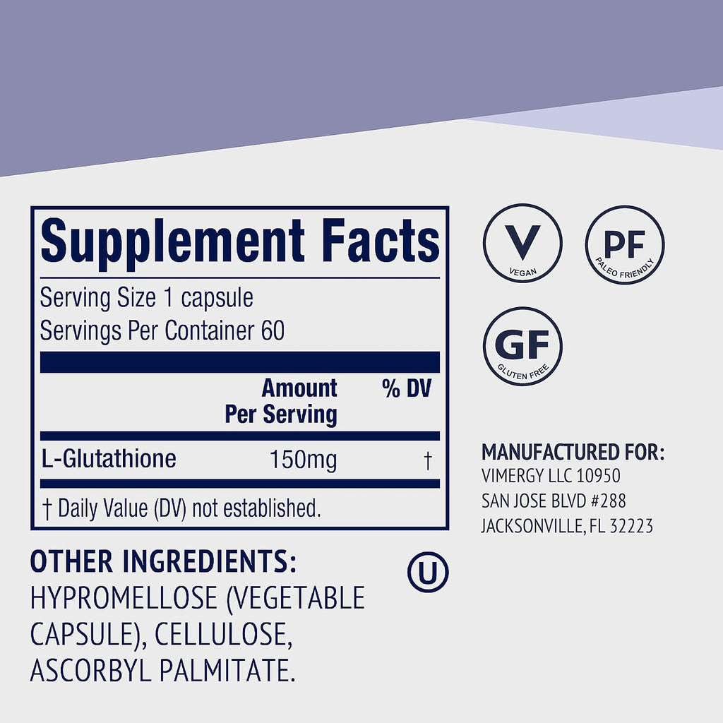 Vimergy Glutathione – Supports Liver Detox* – Superfood for Cellular Health & Antioxidant Support* – Kosher, Vegan & Gluten-Free – 60 Capsules