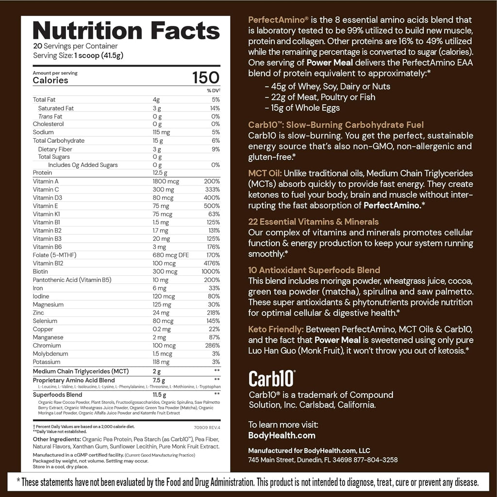 BodyHealth PerfectAmino Power Meal Shake New Dark Chocolate Flavor with MCT Oil Carb 10 and Perfect Amino Protein Base (20 Servings)