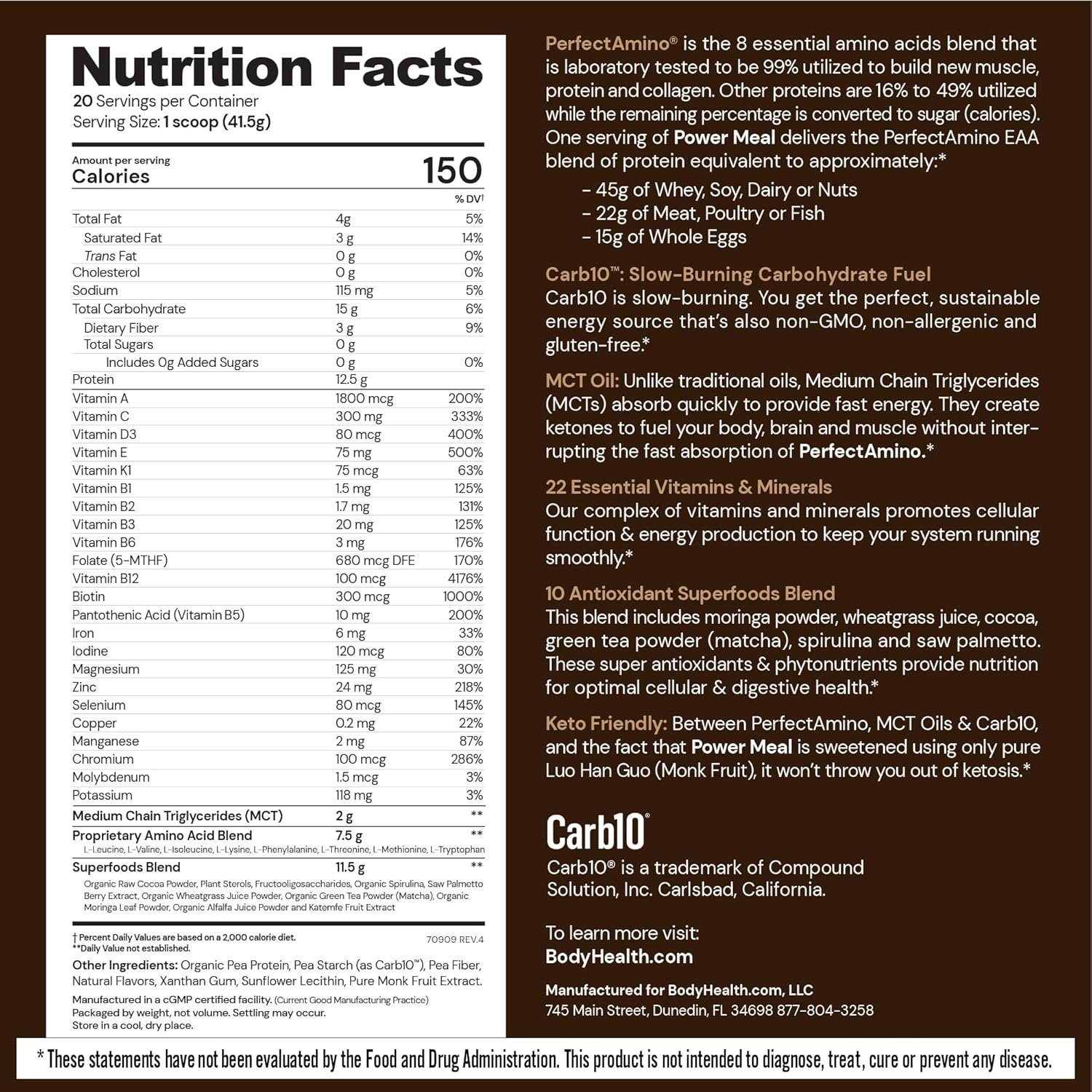 BodyHealth PerfectAmino Power Meal Shake New Dark Chocolate Flavor with MCT Oil Carb 10 and Perfect Amino Protein Base (20 Servings)