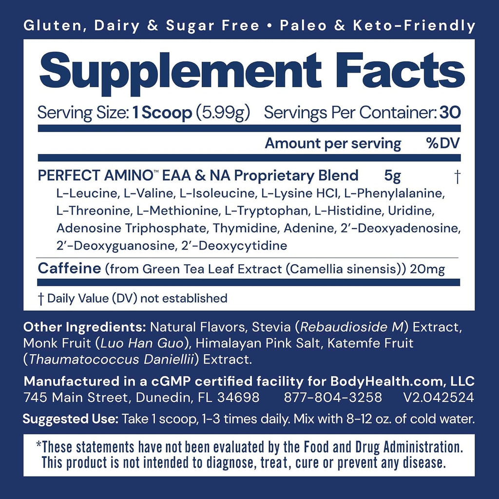 BodyHealth PerfectAmino Powder - BCAA and EAA Powder for Pre and Post Workout - Amino Acid Energy Drink for Men and Women to Support Lean Muscle and Recovery - Mocha - 30 Servings