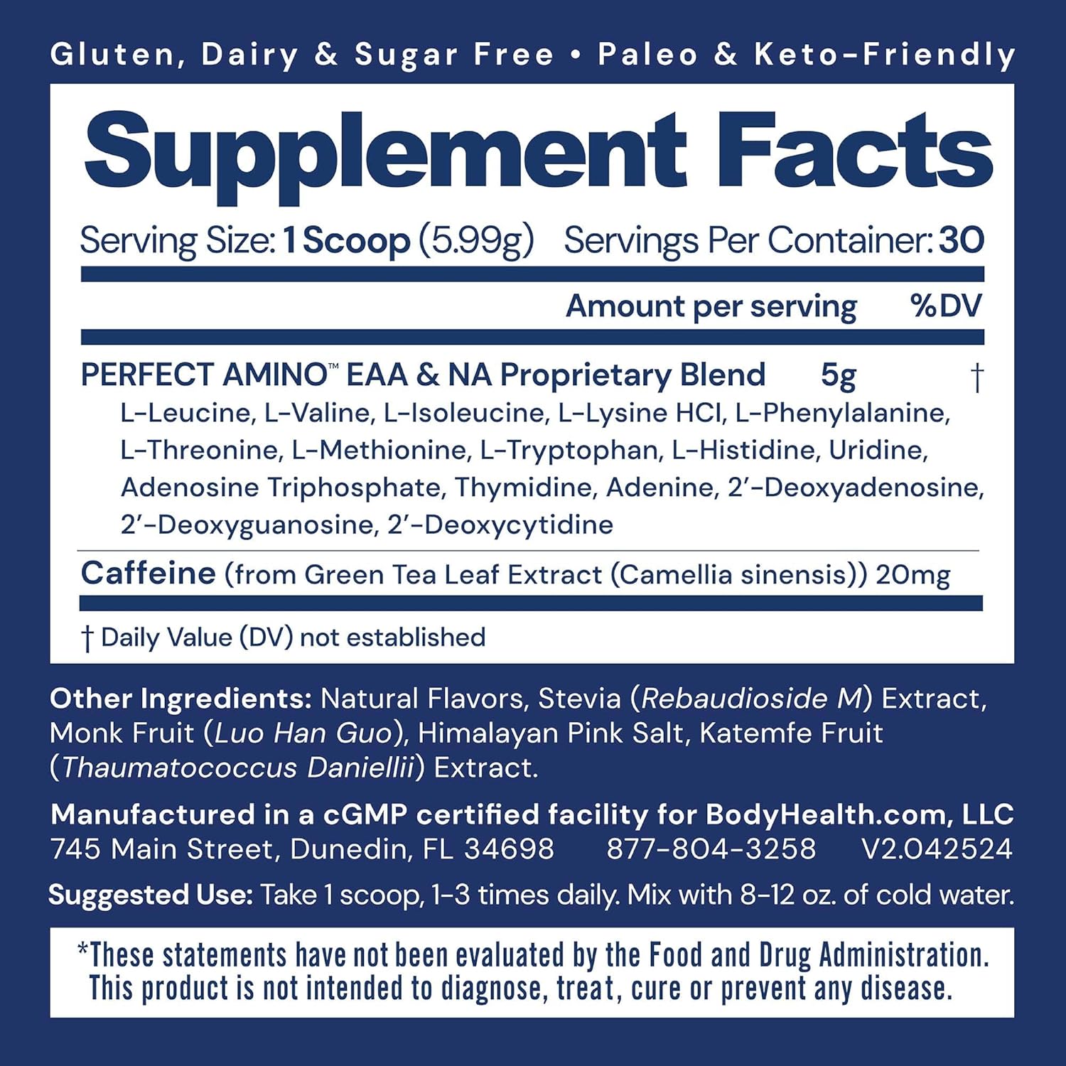 BodyHealth PerfectAmino Powder - BCAA and EAA Powder for Pre and Post Workout - Amino Acid Energy Drink for Men and Women to Support Lean Muscle and Recovery - Mocha - 30 Servings