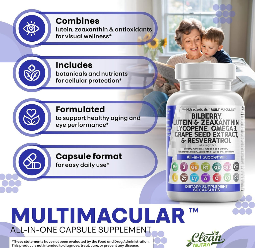 Clean Nutra Eye Vitamins with Bilberry Lutein and Zeaxanthin Supplements Lycopene 40mg Resveratrol Grape Seed Astaxanthin for Eyes - Eye Care Health Support Eye Vitamin and Mineral Supplement