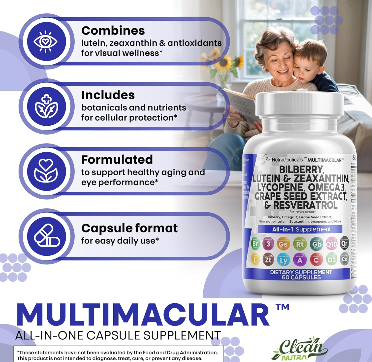 Clean Nutra Eye Vitamins with Bilberry Lutein and Zeaxanthin Supplements Lycopene 40mg Resveratrol Grape Seed Astaxanthin for Eyes - Eye Care Health Support Eye Vitamin and Mineral Supplement