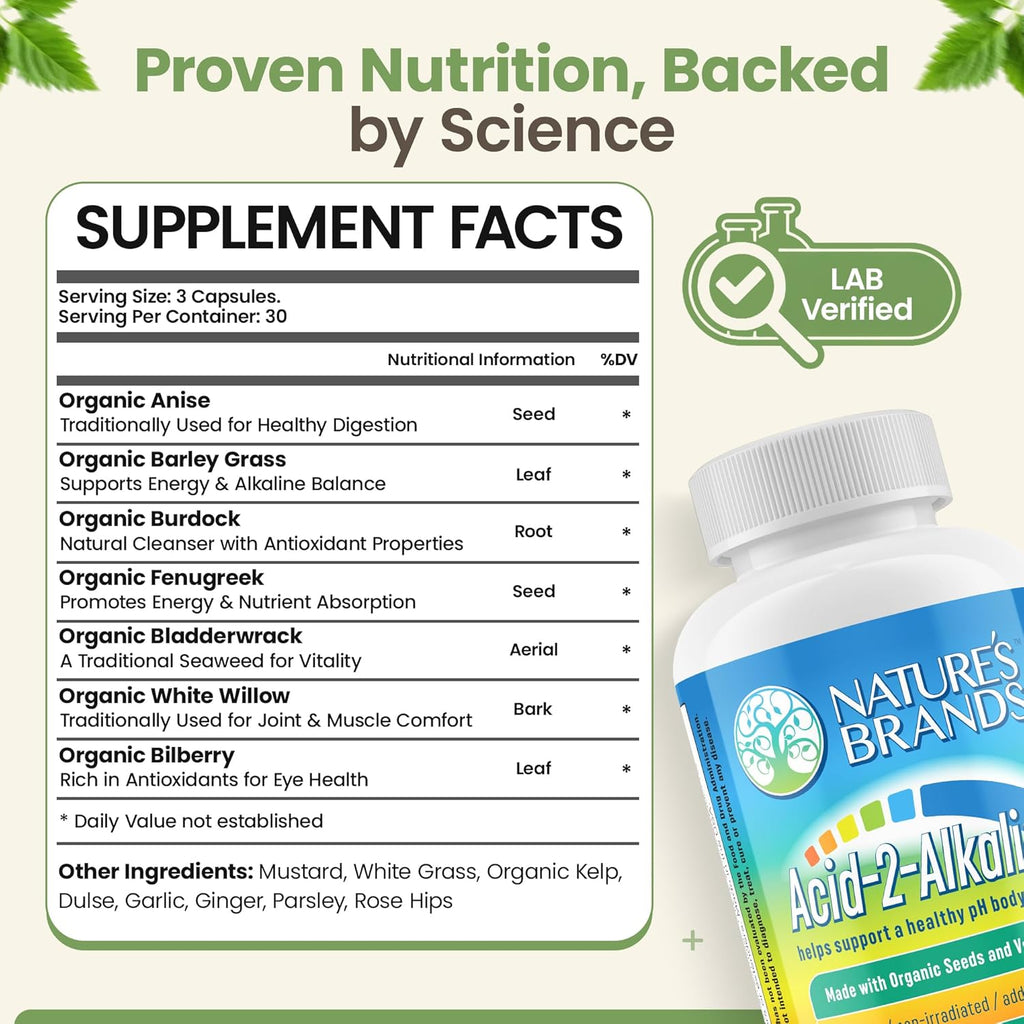 Nature’s Brands Acid-2-Alkaline Supplements for Energy, Digestion & Immunity - pH Balance & Detox Support with Turmeric, Bilberry, Barley Grass & Burdock - 90 Vegetarian Capsules