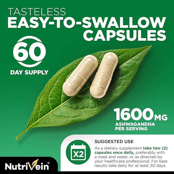 Nutrivein Ashwagandha for Men & Women - 1600mg - Enhanced with Black Pepper - High-Absorption Root Powder Ashwagandha Supplements for Mood Balance, Restful Sleep, & Focus - 120 Vegan Capsules