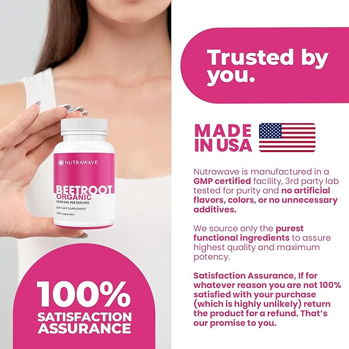 Nutrawave 1400mg Organic Beet Root Capsules, Nitric Oxide Support, Beta Vulgaris Powder – 120 Vegan Capsules / 60-Day Supply - 1 Pack