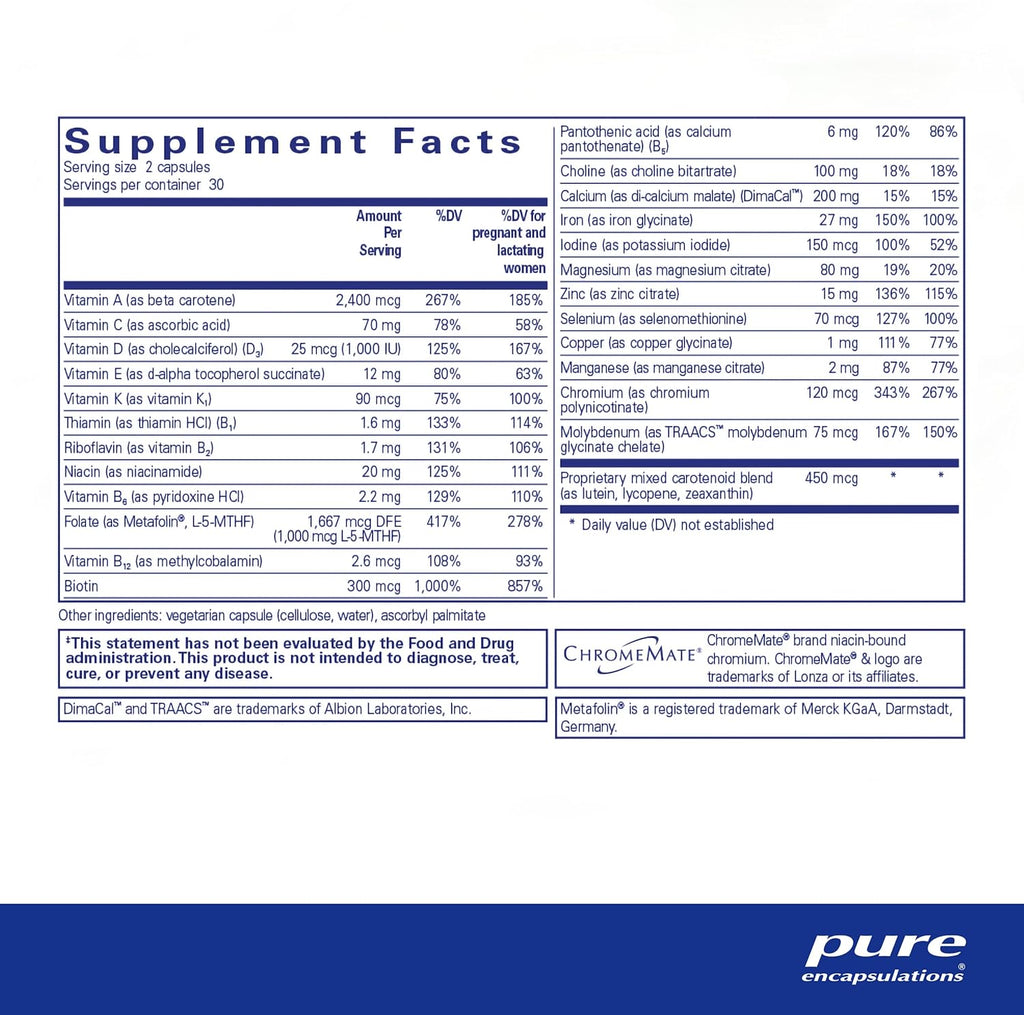 Pure Encapsulations PreNatal Nutrients - for Pregnancy & Lactation - Aids Energy & DNA Development* - with Folate, Choline & Iron - Gluten Free & Non-GMO - 60 Capsules