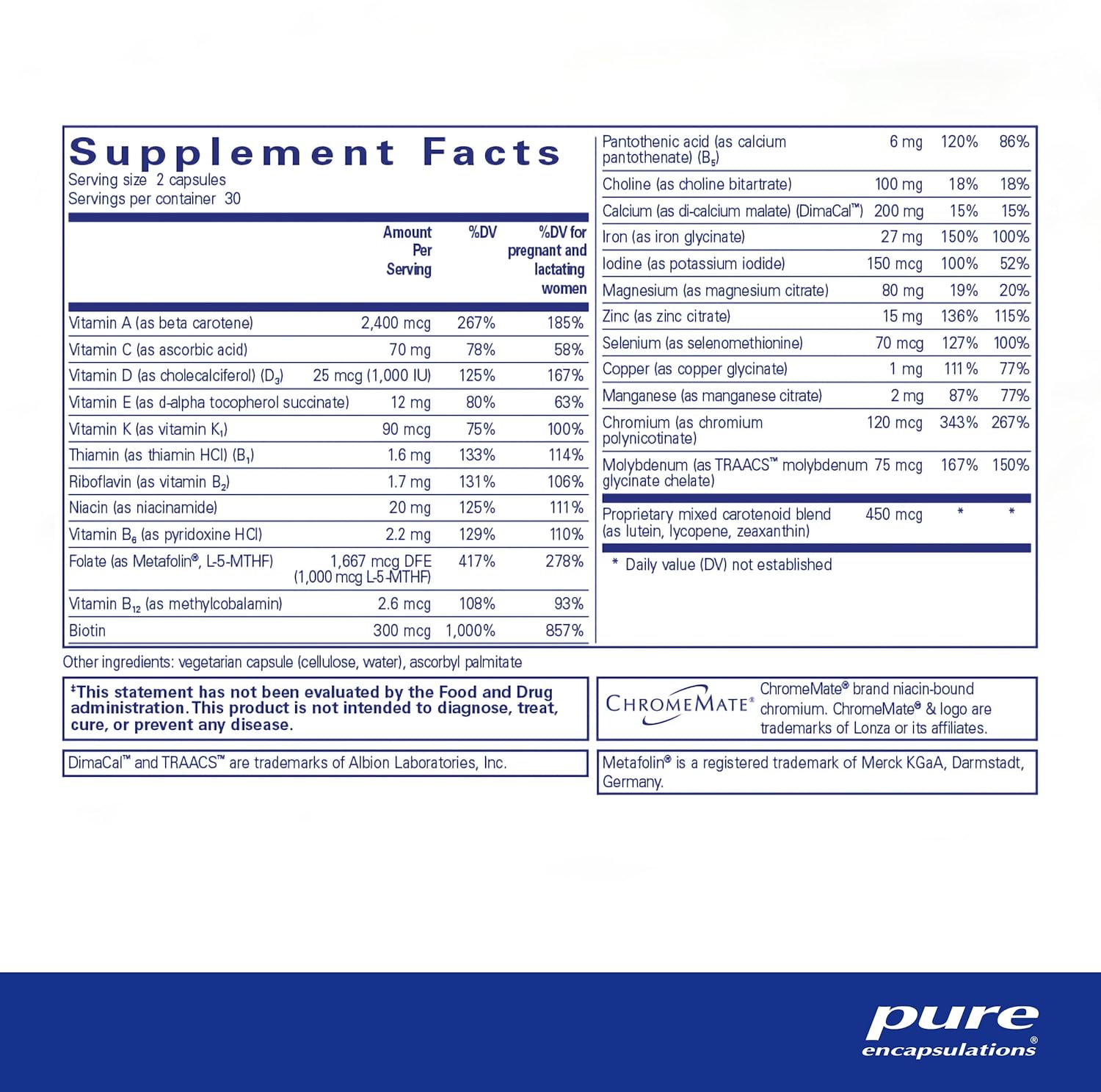 Pure Encapsulations PreNatal Nutrients - for Pregnancy & Lactation - Aids Energy & DNA Development* - with Folate, Choline & Iron - Gluten Free & Non-GMO - 60 Capsules