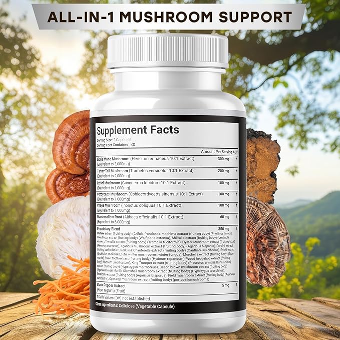 Lions Mane Supplement Cognitive Support, Immune Health with Turkey Tail 20in1 Mushroom Reishi Cordyceps Chaga with Marshmallow Root 60 Count