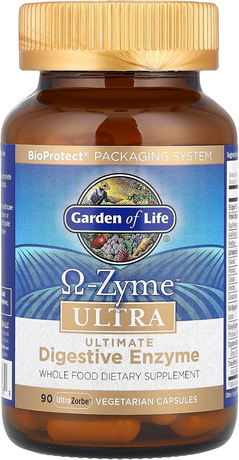 Garden of Life 21 Powerful Digestive Enzymes with Papain, Bromelain, Lipase, Ginger, Turmeric for Complete Digestion of Protein, Carbs & Fats – Omega-Zyme Ultra, Gluten-Free, Vegetarian, 90 Capsules