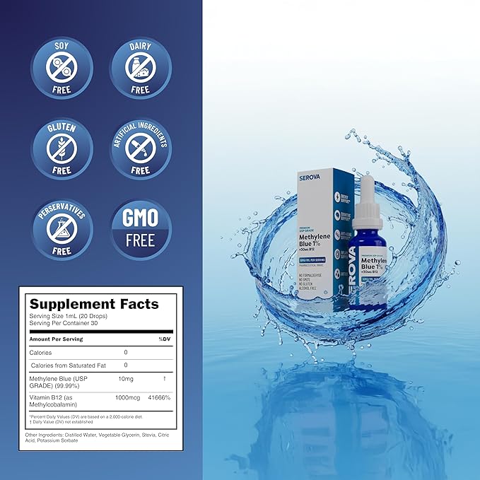 Serova Wellness Methylene Blue 1% USP Grade - Support Supplement for Focus, Energy & Mental Clarity - Antioxidant Support - Made in USA, 1oz