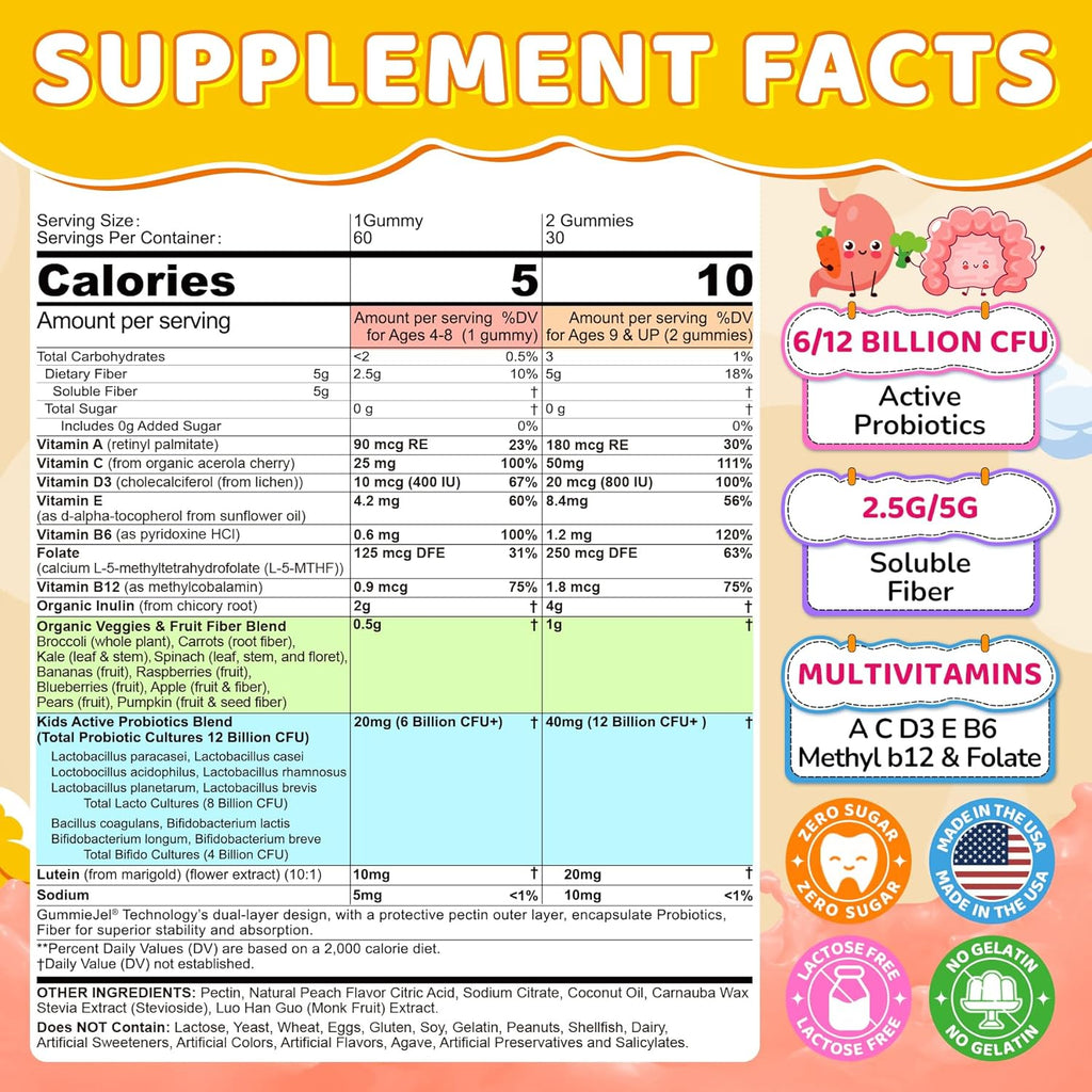 Probiotics for Kids Teen + Veggie & Fruit Fiber Gummies, with 12 Billion CFU Probiotic, Organic Inulin Prebiotics Fiber, Methyl B12 B6 C for Children's Digestive & Gut, Immune Health, Sugar Free,60Cts