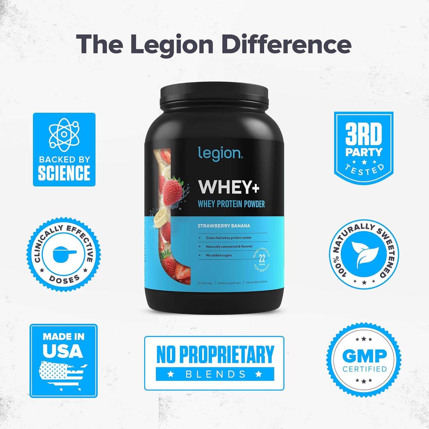 LEGION Whey+ Strawberry Banana Whey Isolate Protein Powder from Grass Fed Cows, Low Carb, Low Calorie, Non-GMO, Lactose Free, Gluten Free, Sugar Free, All Natural Whey (30 Serving Strawberry Banana)