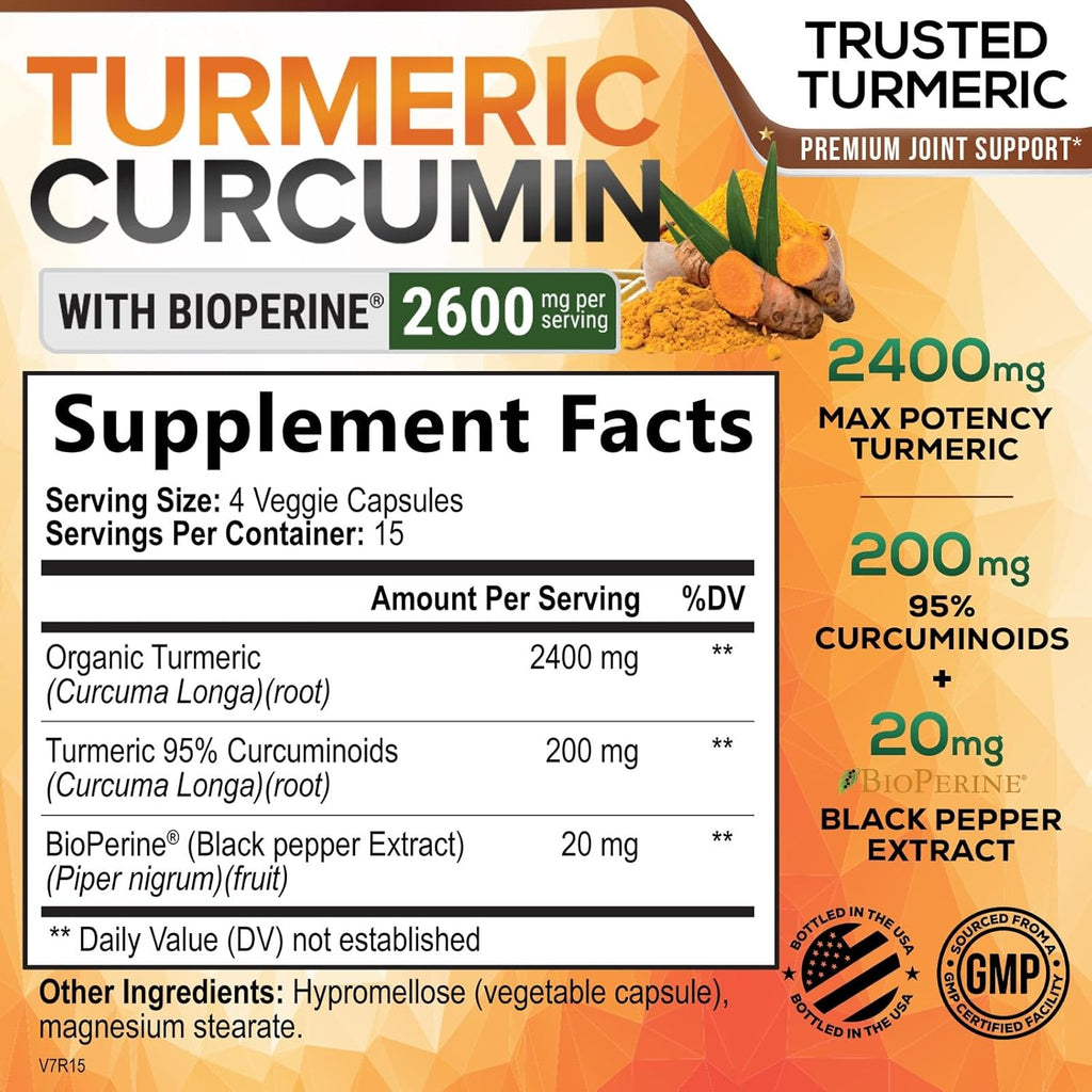 Turmeric Curcumin Supplement with BioPerine 95% Curcuminoids 2600mg with Black Pepper for Best Absorption, Bottled in USA, Best Natural Vegan Joint Support, Nature's Non-GMO Tumeric - 60 Capsules