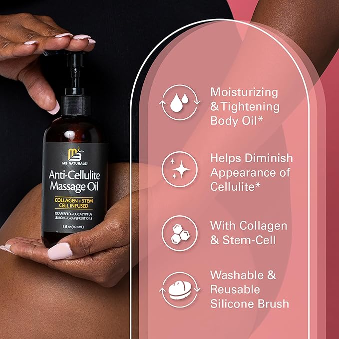 Anti Cellulite Massage Oil and Silicone Body Brush – Collagen and Stem Cell Skin Tightening Formula for Smoothing and Firming, 8 fl oz by M3