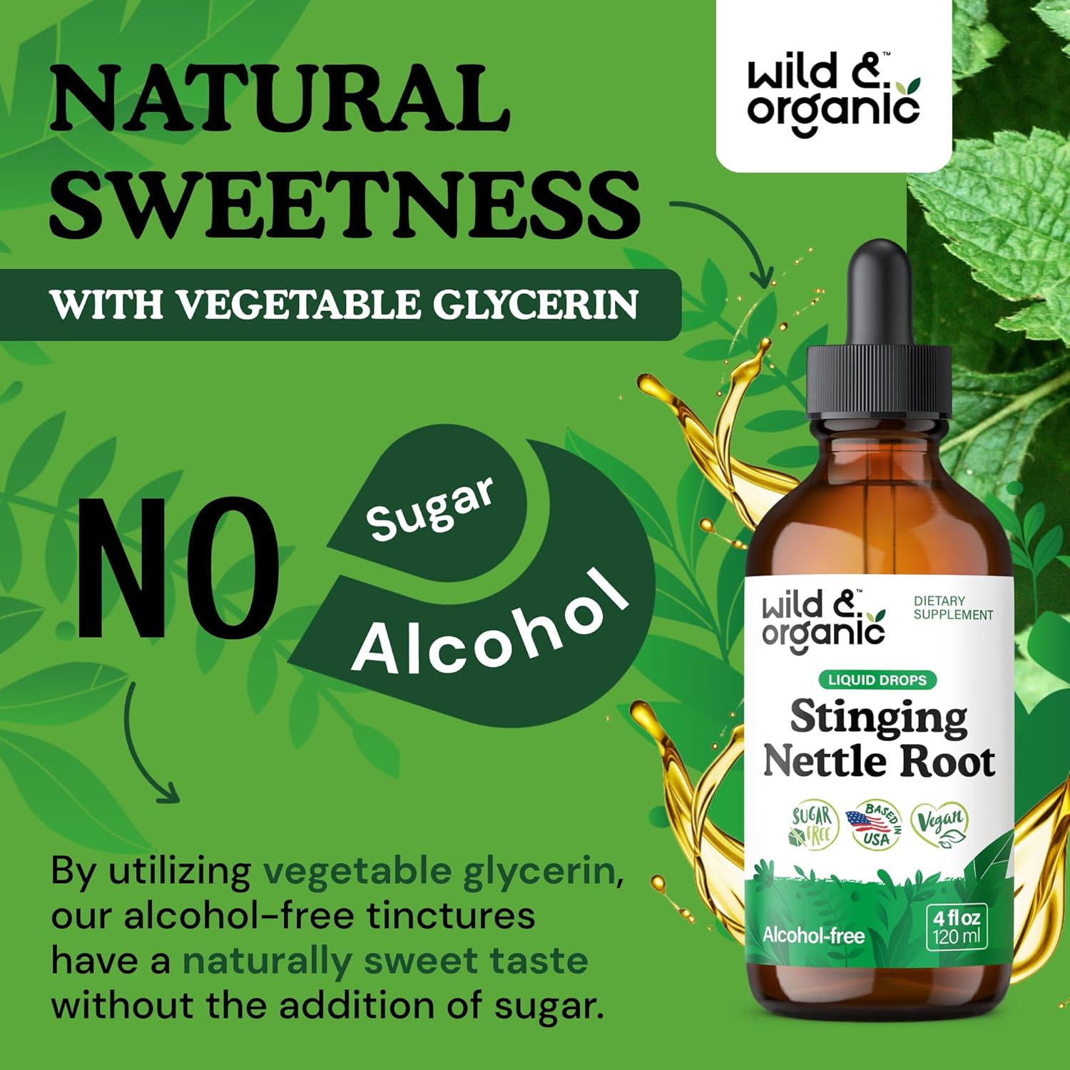 Wild & Organic Stinging Nettle Tincture - Stinging Nettle Root Extract Drops for Men & Women - Liquid Urtica Dioica Supplement - Vegan, Sugar & Alcohol-Free - 4 fl oz