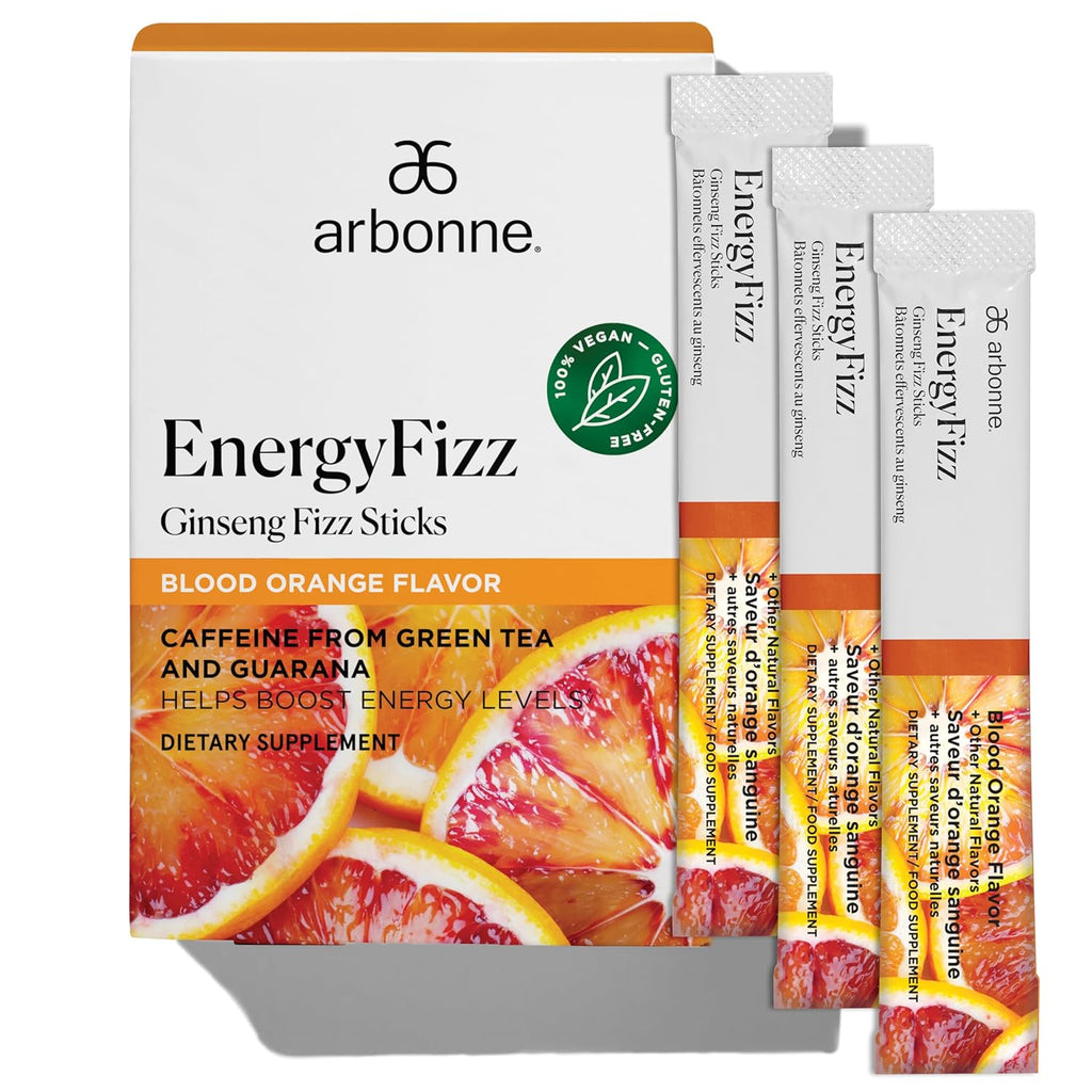 Arbonne Ginseng Energy Supplements - Blood Orange Flavor Fizz Sticks, Energy Boost with Caffeine Powder from Guarana and Green Tea, Delicious Alternative to Caffeine Pills