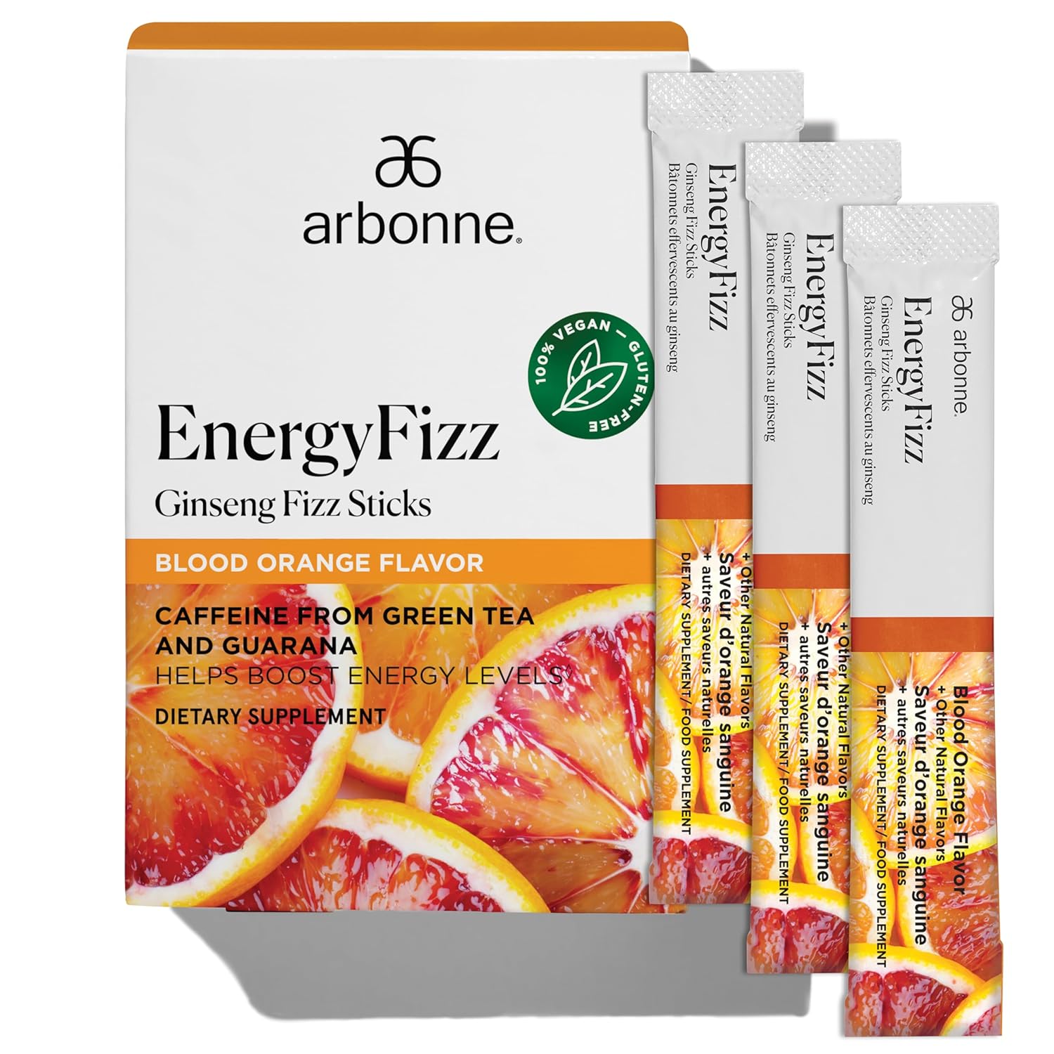 Arbonne Ginseng Energy Supplements - Blood Orange Flavor Fizz Sticks, Energy Boost with Caffeine Powder from Guarana and Green Tea, Delicious Alternative to Caffeine Pills