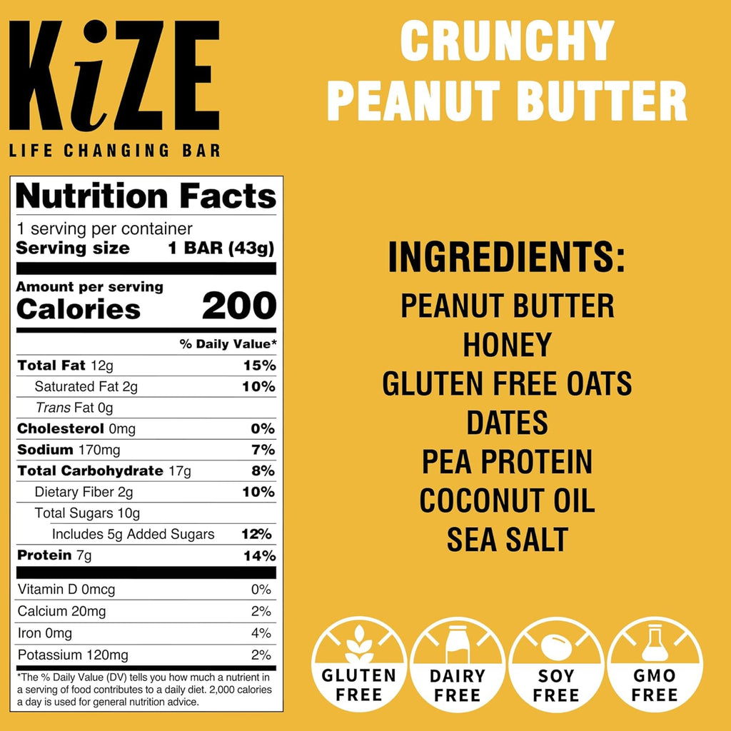 KiZE Energy Bars - Crunchy Peanut Butter - Gluten Free, Dairy Free, Non-GMO, and High Protein Meal Replacement Energy Bars, Clean and Simple Food Ingredients - 7g High Protein Snacks, (10 Count)