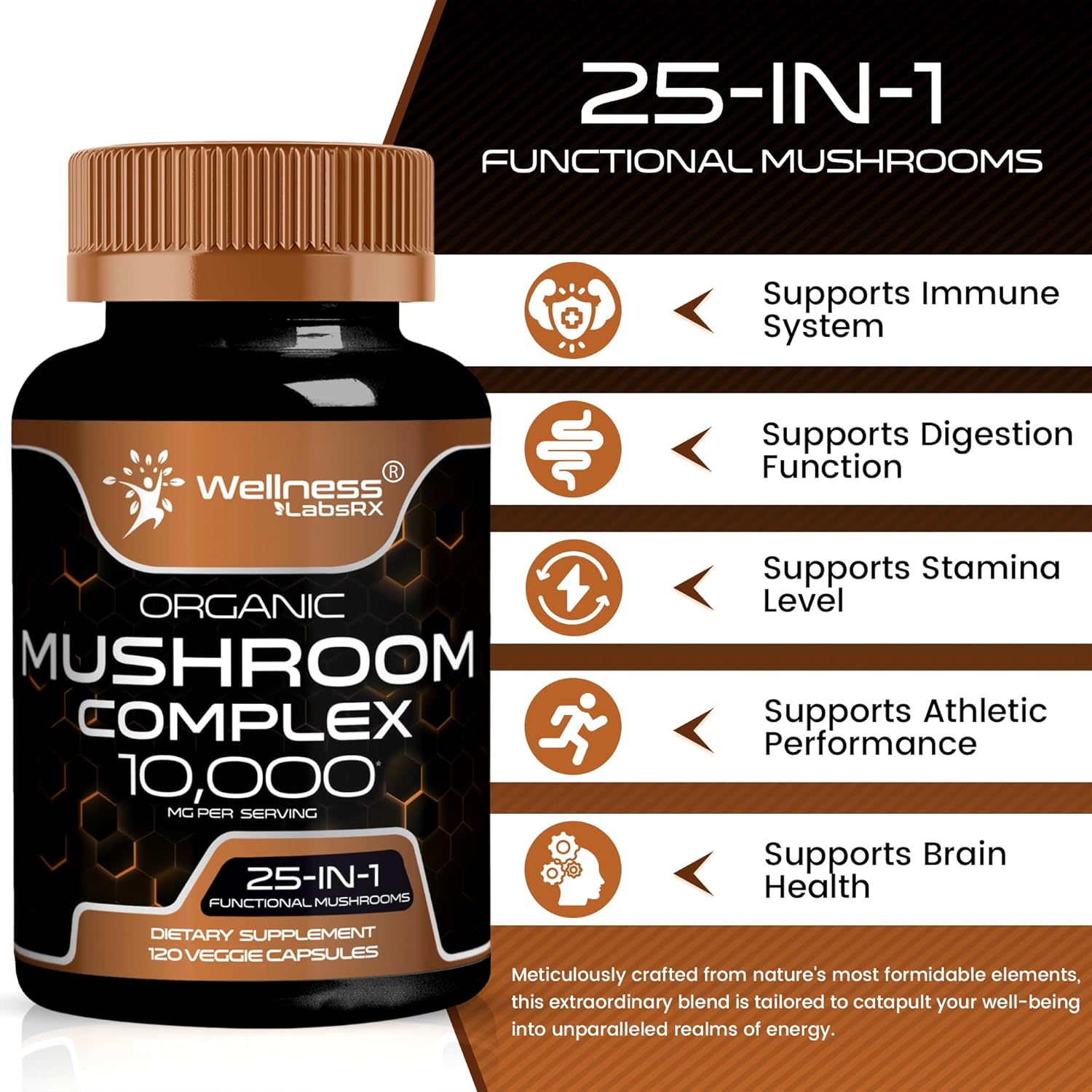 WELLNESS LABSRX Mushroom Supplement Capsules 10:1 Extract, Mushroom Complex Capsules 1000mg, Lions Mane Supplement with Turkey Tail, Cordyceps, Reishi - 120 Count
