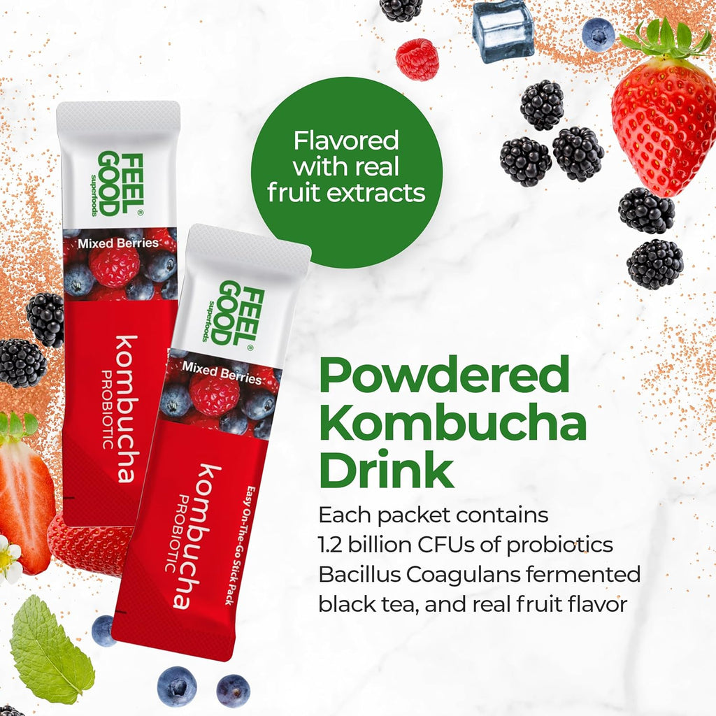 FeelGood Superfoods Kombucha Iced Tea Packets, Delicious Mixed Berries Flavored Refreshing Instant Kombucha Powder Fizzy Drink, Probiotic Supplement for Gut Health, 14 Pack