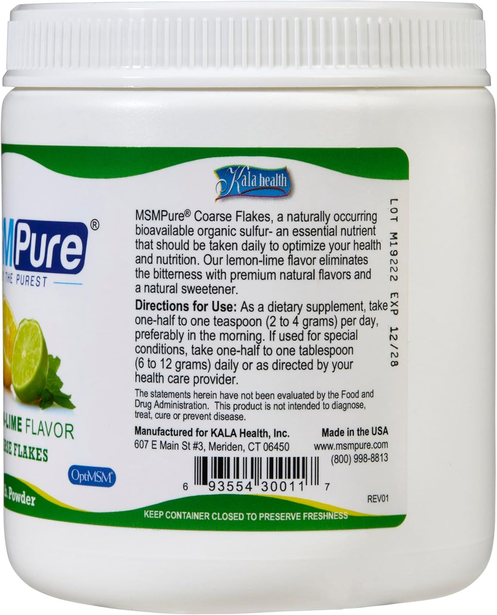 KALA HEALTH MSMPure Lemon Lime Flavored Coarse MSM Powder Flakes – US-Made MSM for Joint Health, Skin Appearance, and Hair & Nail Support – 1 lb, Organic Sulfur
