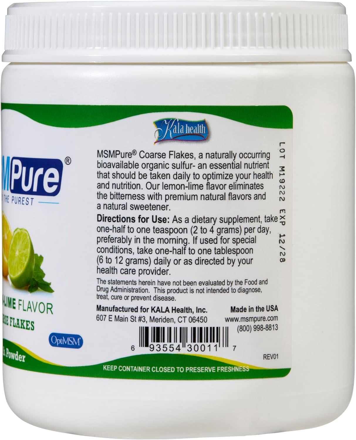KALA HEALTH MSMPure Lemon Lime Flavored Coarse MSM Powder Flakes – US-Made MSM for Joint Health, Skin Appearance, and Hair & Nail Support – 1 lb, Organic Sulfur