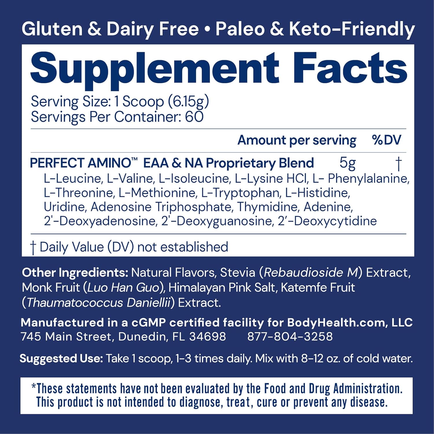 BodyHealth PerfectAmino Powder - BCAA and EAA Powder for Pre and Post Workout - Amino Acid Energy Drink for Men and Women to Support Lean Muscle and Recovery - Chocolate - 60 Servings