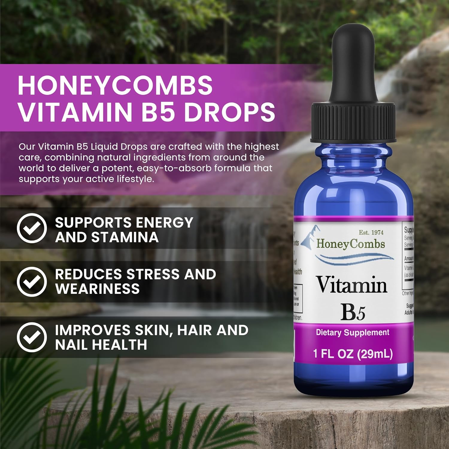 HoneyCombs Vitamin B5 Pantothenic Acid Supplement Liquid Drops - High Potency Vitamin B5 for Men & Women - Maintain Healthy Hormones, Immune System, Hair, Skin, Nails - Vegan Liquid Vitamins (8 Fl oz)
