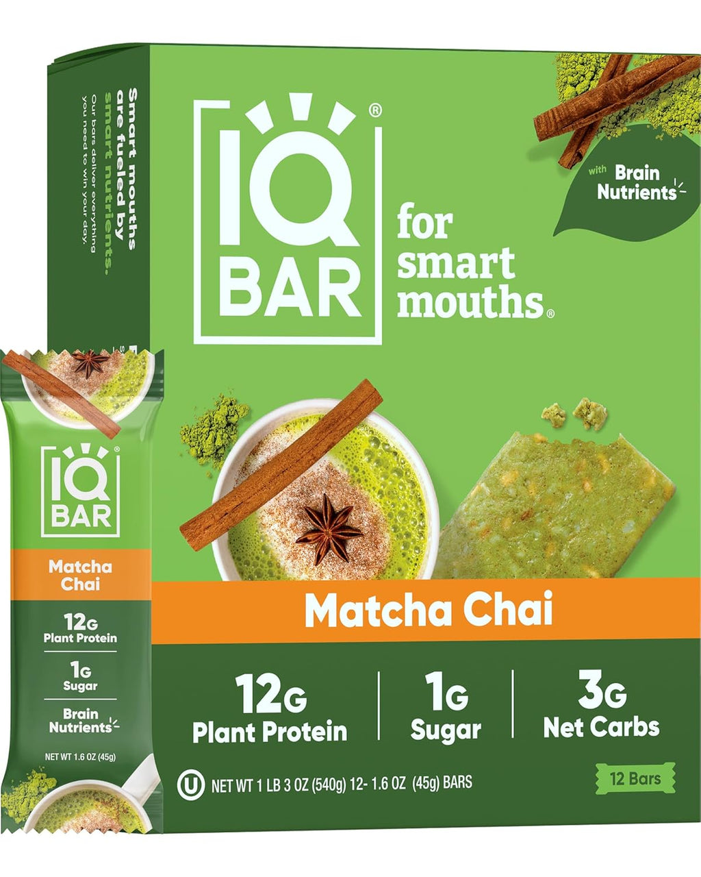IQBAR Brain and Body Plant Protein Bars - Matcha Chai - 12-Count - Keto, Vegan, Low Carb, High Fiber, Gluten Free, Dairy Free, Low Sugar Snack with Nutrients for Focus, Energy, Meal Replacement