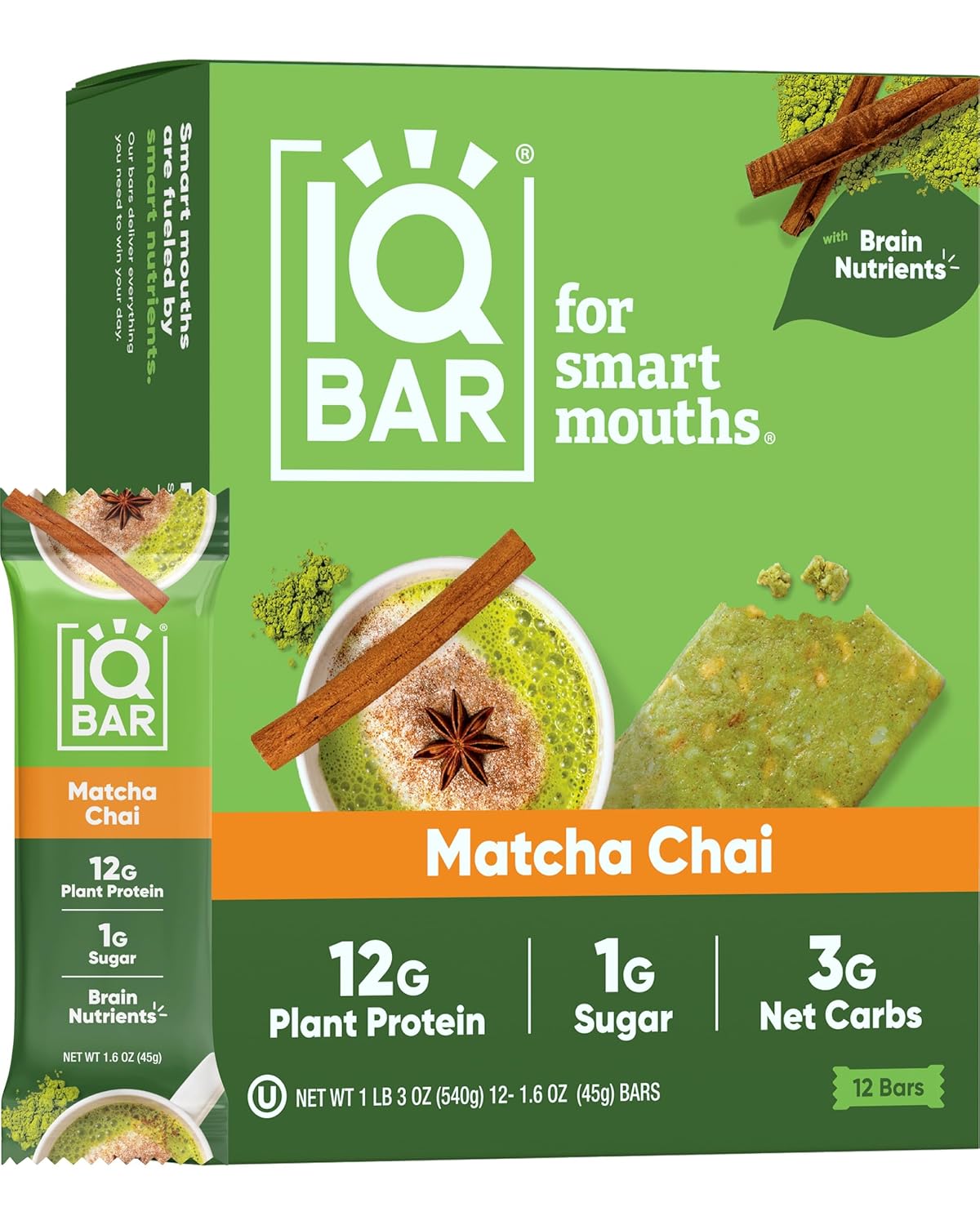 IQBAR Brain and Body Plant Protein Bars - Matcha Chai - 12-Count - Keto, Vegan, Low Carb, High Fiber, Gluten Free, Dairy Free, Low Sugar Snack with Nutrients for Focus, Energy, Meal Replacement