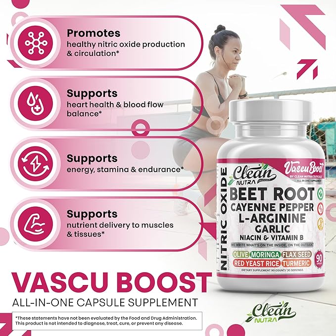 Vascu Boost Beet Root Cayenne Pepper Nitric Oxide Supplement L-Arginine Garlic Niacin Vitamin B Red Yeast Rice Flax Seed Turmeric Curcumin Supplement 90 Capsules by Clean Nutra