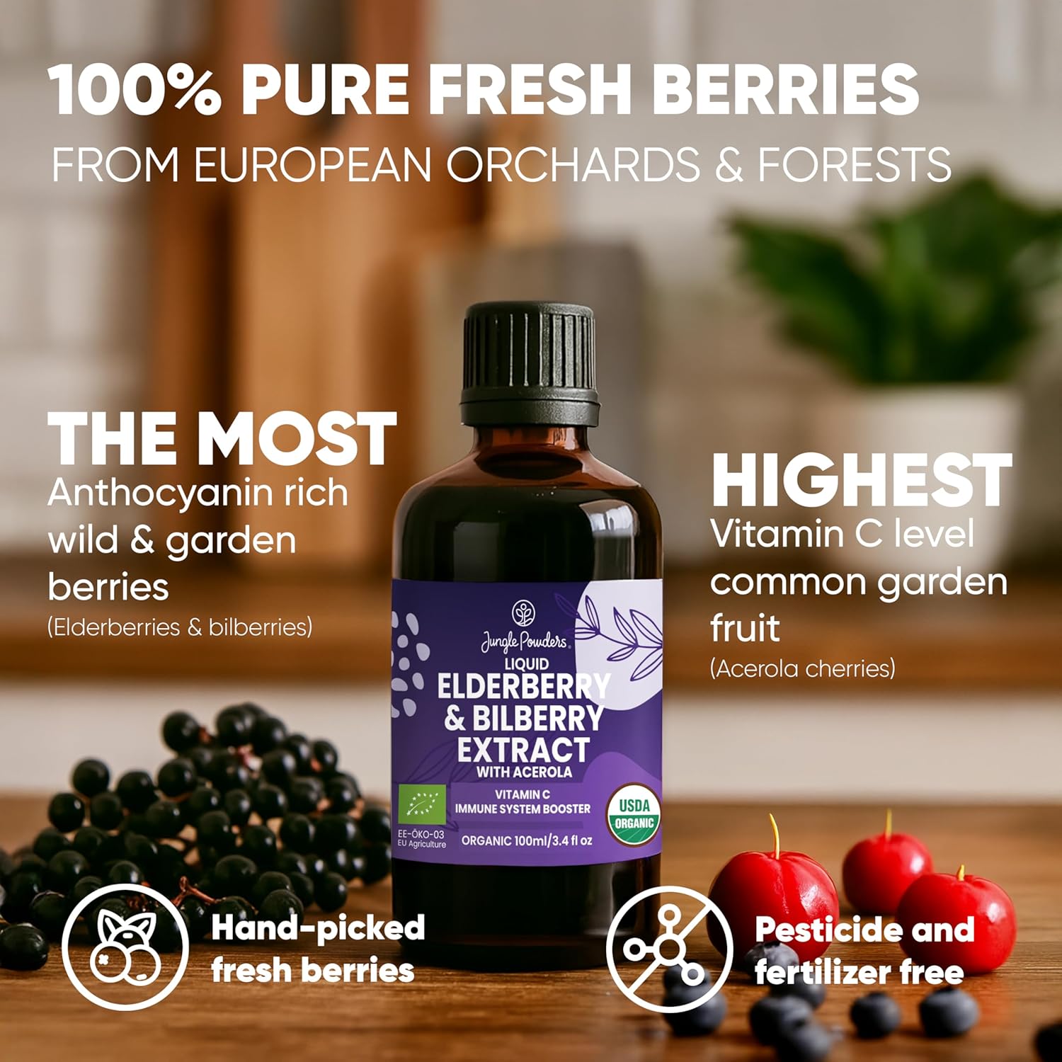 Organic Elderberry Syrup with Liquid Wild Bilberry Extract for Eyes 3.4oz Bottle USDA Certified Sambucus Immune Support Supplement - Acerola for Vitamin C Alcohol-Free High Bioavailability Anthocyanin