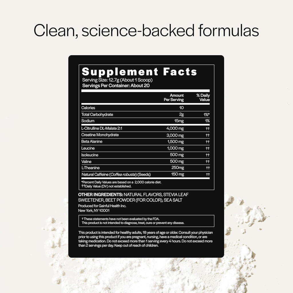 Gainful Performance Pre Workout Powder with Natural Caffeine & Creatine, Watermelon Flavor, Supports Energy, Strength, Endurance, & Recovery with BCAAs, Beta Alanine, L-Citrulline, 20 Servings