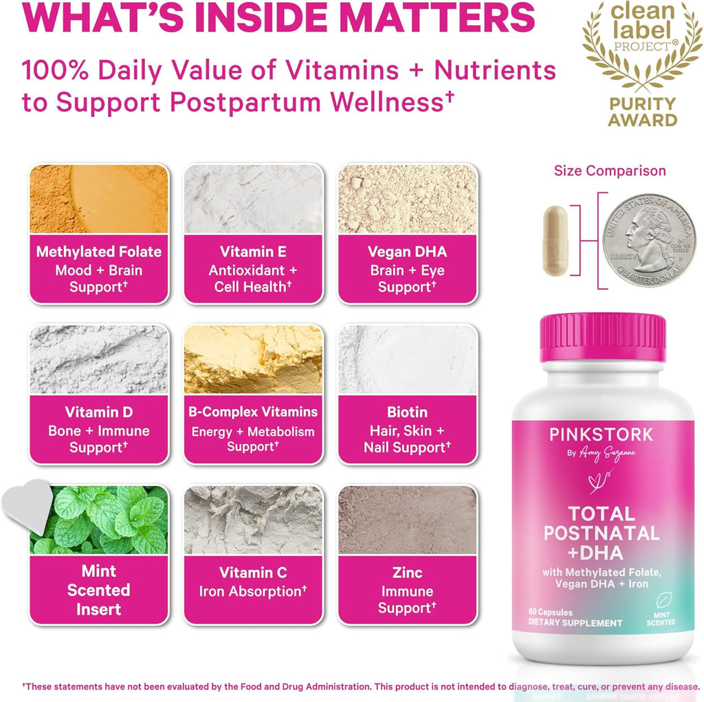 Pink Stork Total Postnatal Vitamins for Women | Vegan DHA, Methylated Folate, Iron, + Vitamin B12 | Postpartum Recovery Essentials + Breastfeeding Support | Mint, 1-Month Supply
