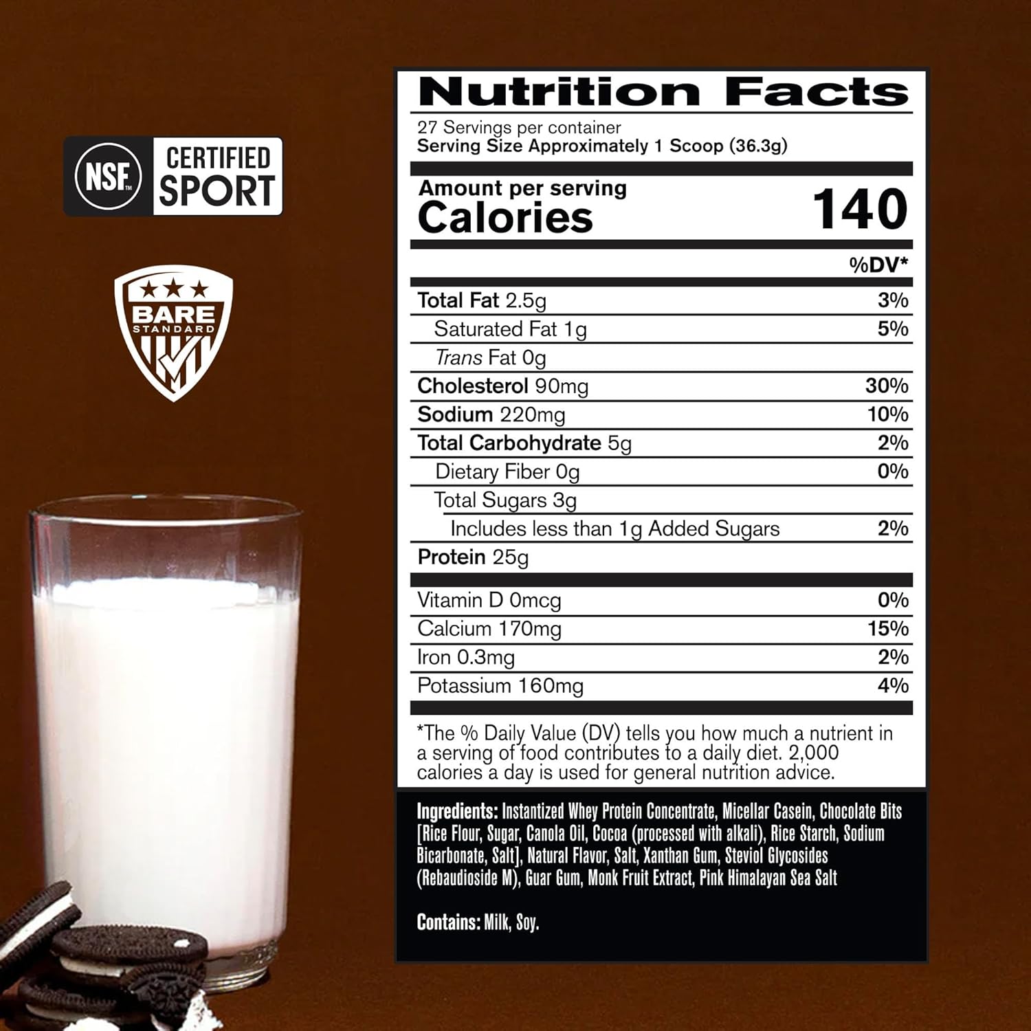BARE PERFORMANCE NUTRITION, BPN Whey Protein + Casein Protein Powder Blend, Milk N' Cookies, 25g Protein per Serving Supports Lean Muscle Recovery, 27 Servings, Third Party Tested